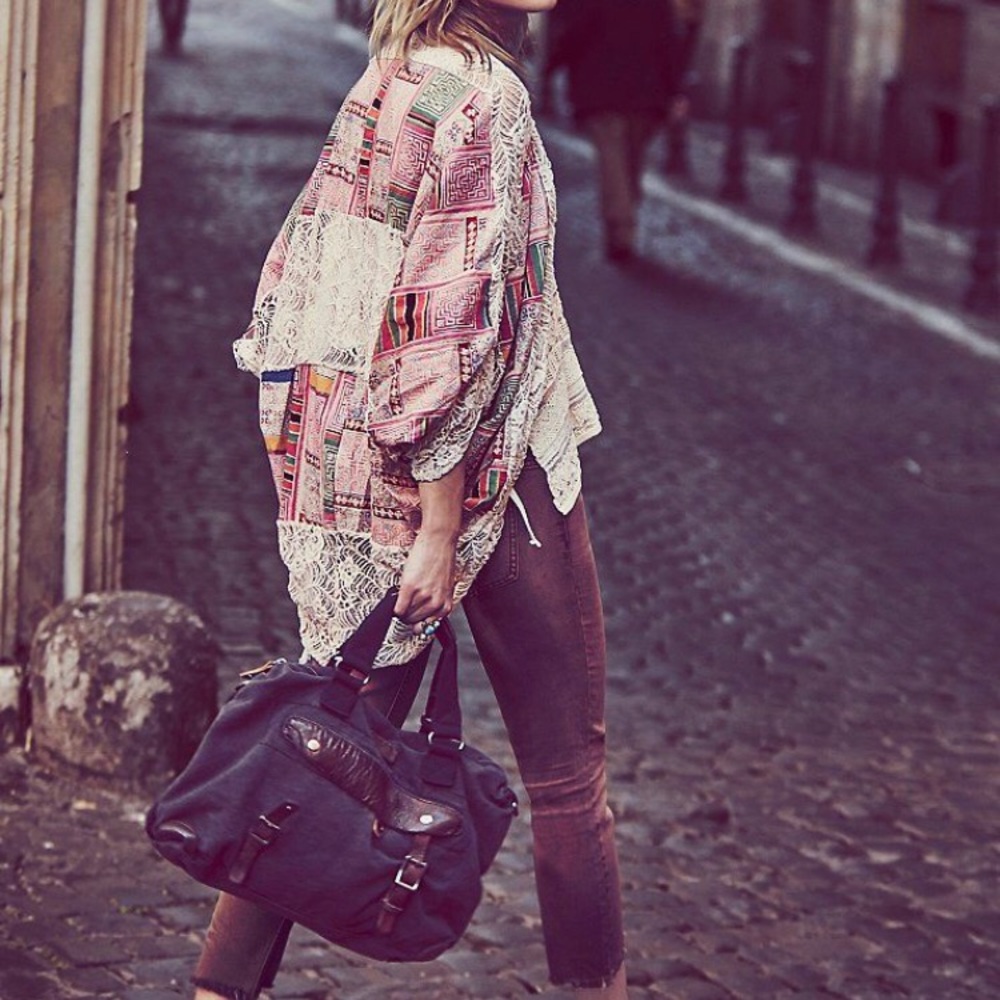 Free People Kimono lace boho Hmong Print